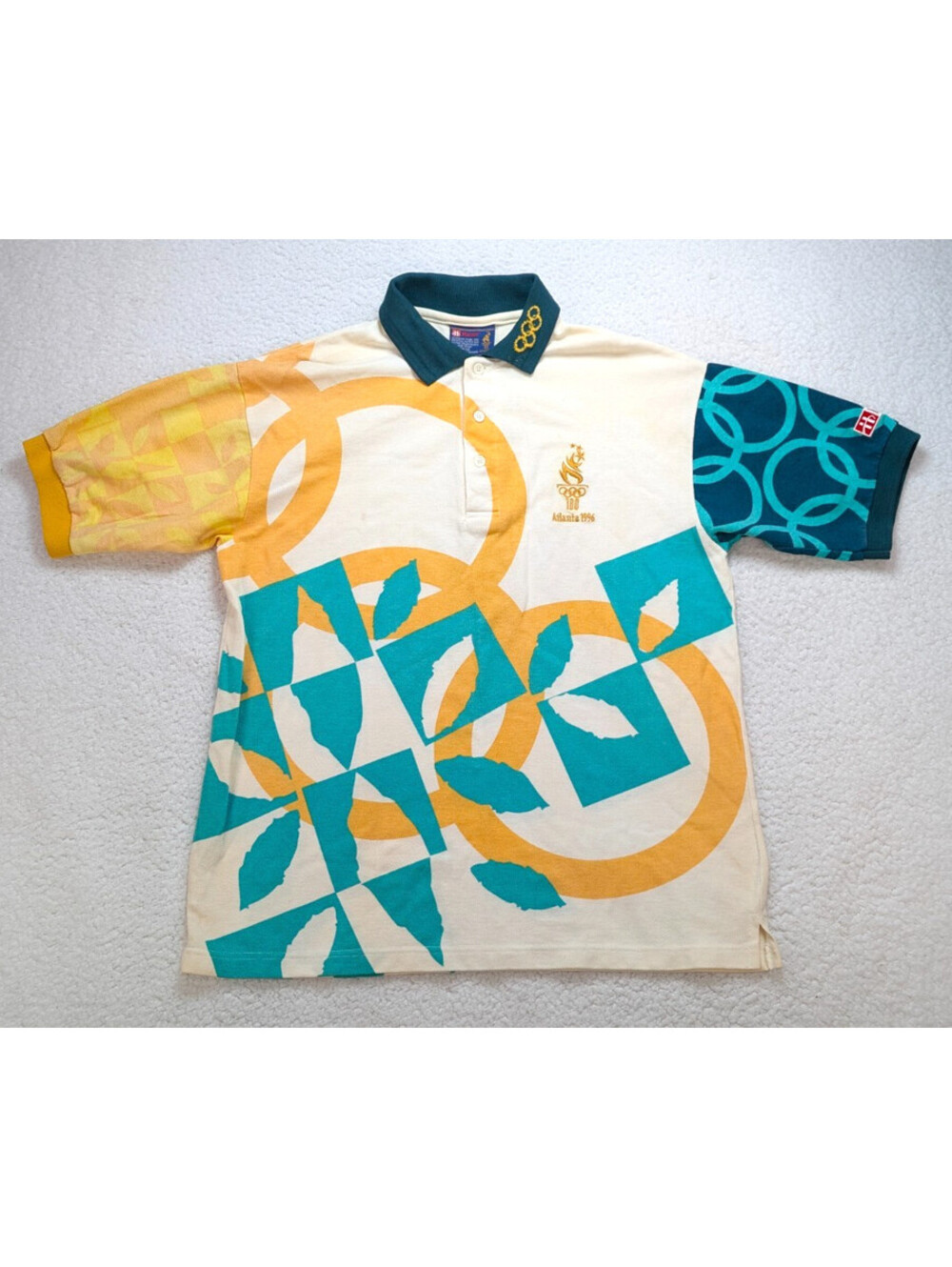 1996 Atlanta Olympics Hanes Polo Shirt Medium Yellow Abstract Rings Vintage